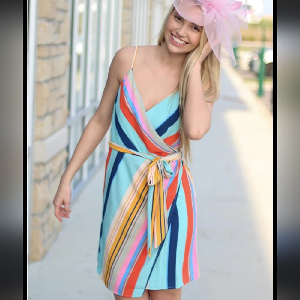 Essue‎ Faux Wrap Striped Dress Womens Size S Small Multicolor Strap Ajustable